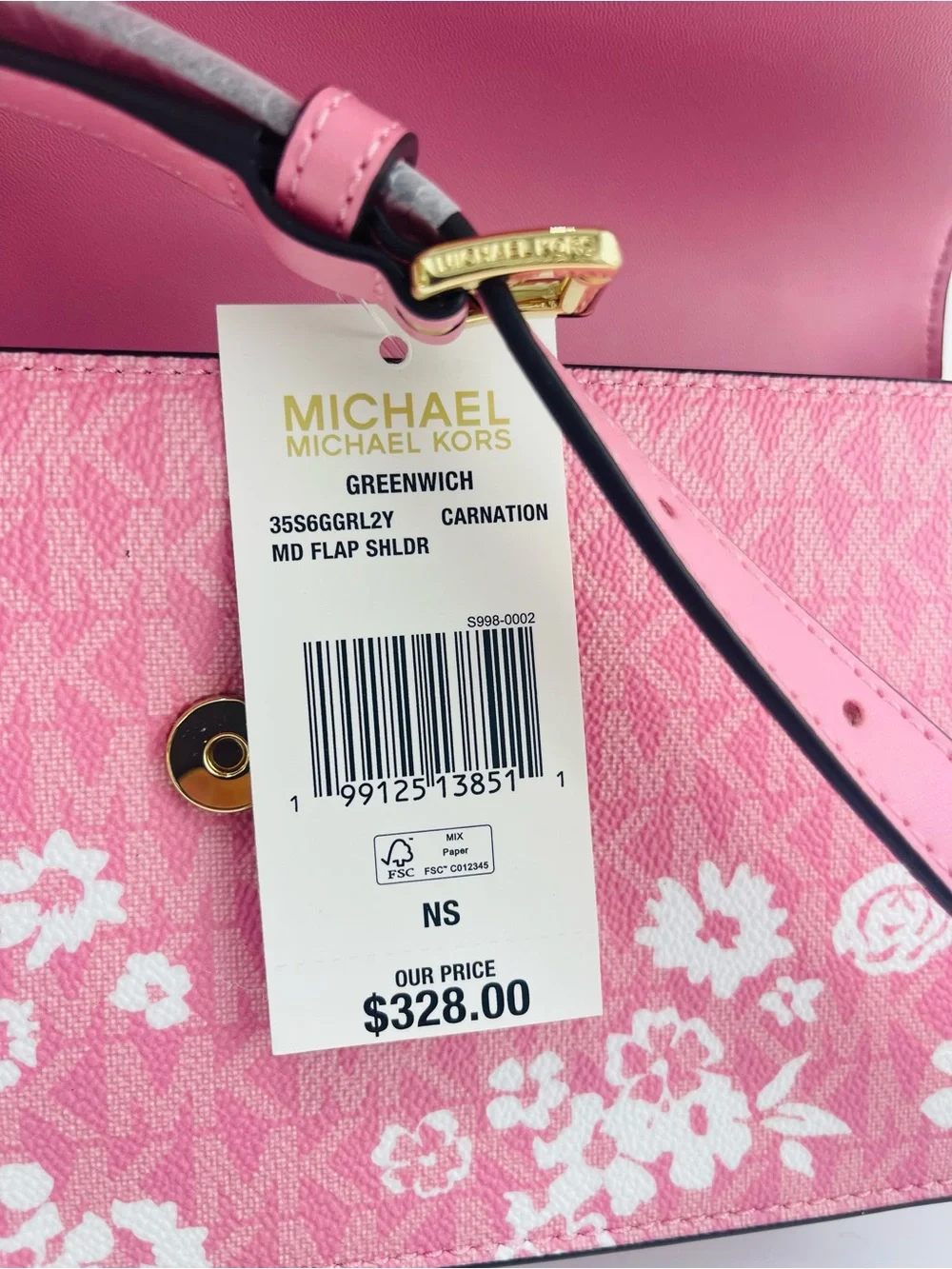 MICHAEL KORS Greenwich Md Printed MK Logo Convertible Shoulder Carnation  NWT